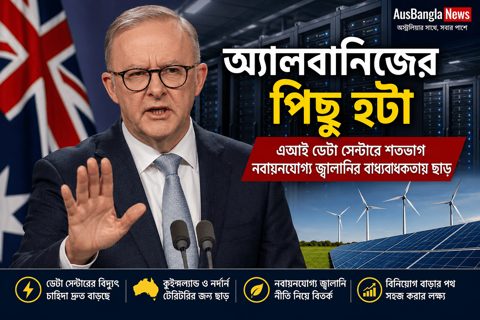অ্যালবানিজের পিছু হটা: এআই ডেটা সেন্টারে শতভাগ নবায়নযোগ্য জ্বালানির বাধ্যবাধকতায় ছাড়
